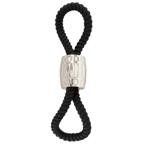 Rebel Heavy Rope Cock Strap svart dubbelloop i silikon med glidande metallvikt 87g för penis och pung
