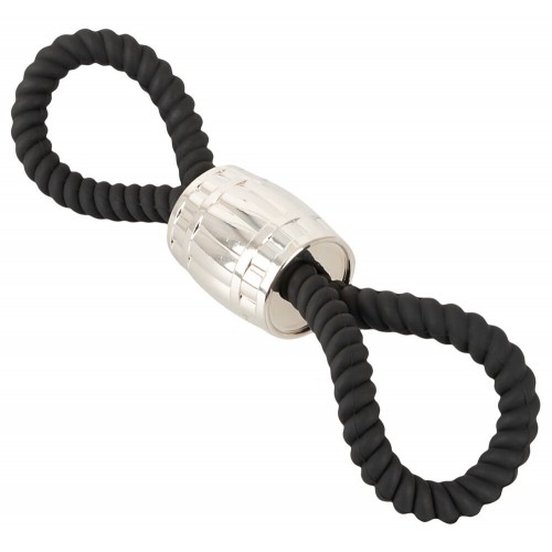 Rebel Heavy Rope Cock Strap svart dubbelloop i silikon med glidande metallvikt 87g för penis och pung