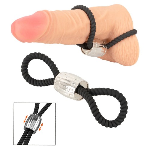 Rebel Heavy Rope Cock Strap svart dubbelloop i silikon med glidande metallvikt 87g för penis och pung
