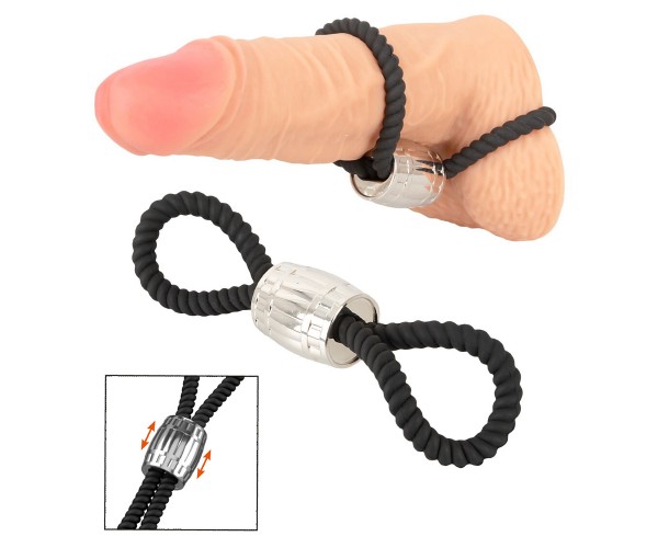 Rebel Heavy Rope Cock Strap svart dubbelloop i silikon med glidande metallvikt 87g för penis och pung