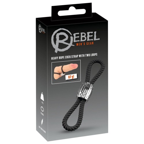 Rebel Heavy Rope Cock Strap svart dubbelloop i silikon med glidande metallvikt 87g för penis och pung