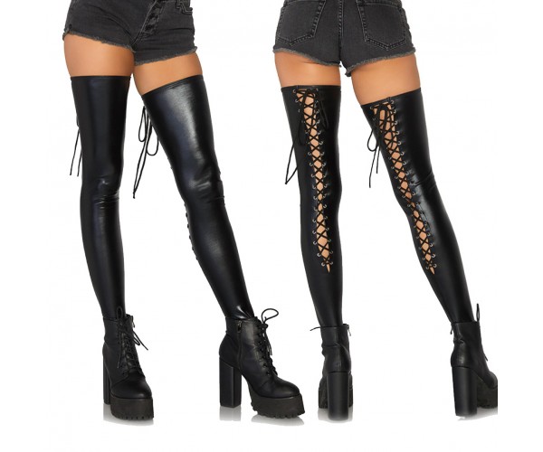 Wetlook Lace Up Thigh Highs - S/M