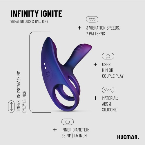 Hueman Infinity Ignite vibrerande penisring och pungring i lila mjukt silikon – 10 vibrationslägen, uppladdningsbar och vattentät