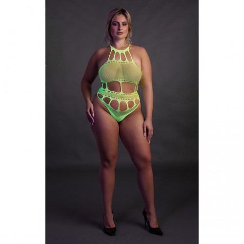Body with Grecian Neckline neongrön plus size – sexig highcut body som lyser under UV-ljus och blacklight för rave och festival