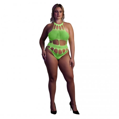 Body with Grecian Neckline neongrön plus size – sexig highcut body som lyser under UV-ljus och blacklight för rave och festival