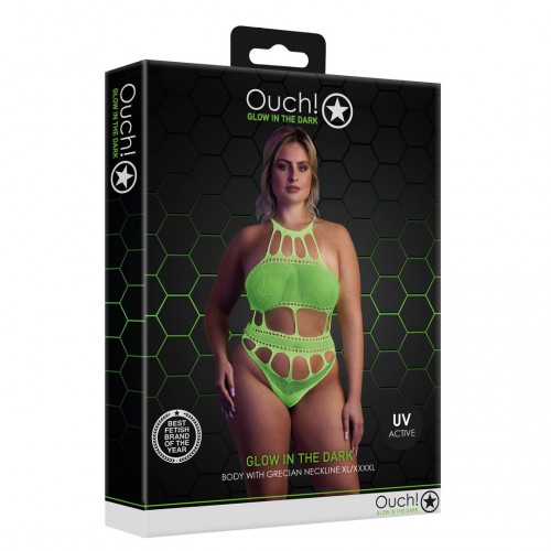 Body with Grecian Neckline neongrön plus size – sexig highcut body som lyser under UV-ljus och blacklight för rave och festival