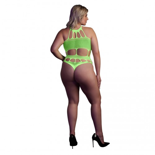 Body with Grecian Neckline neongrön plus size – sexig highcut body som lyser under UV-ljus och blacklight för rave och festival