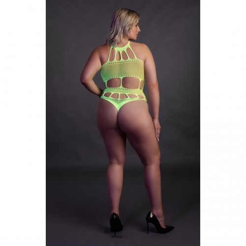 Body with Grecian Neckline neongrön plus size – sexig highcut body som lyser under UV-ljus och blacklight för rave och festival