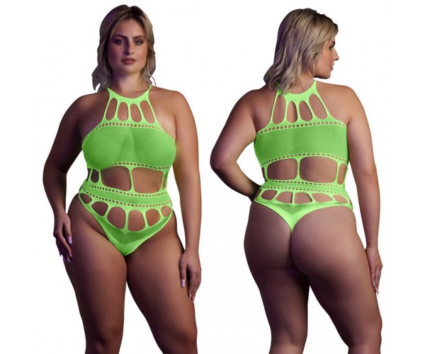 Body with Grecian Neckline neongrön plus size – sexig highcut body som lyser under UV-ljus och blacklight för rave och festival