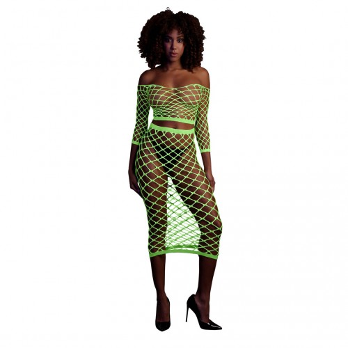 Ouch Long Sleeve Crop Top & Long Skirt neongrön onesize – sexig nätbodystocking som lyser under UV-ljus och blacklight