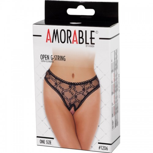 Amorable by Rimba Flower Lace Open G-String svart transparent öppna g-string i spets – sensuell och vågad underkläder med öppen gren