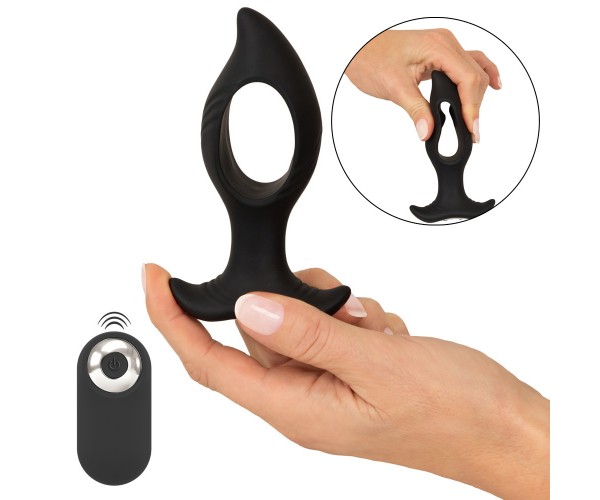 Anos analvibrator med håldesign och fjärrkontroll i svart silikon – två motorer och 10 vibrationslägen