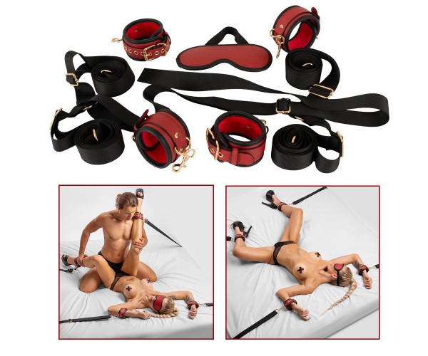 Bad Kitty Under the Bed Restraint Kit svart röd guld – X-format sängbondage med fyra vadderade bojor och ögonbindel