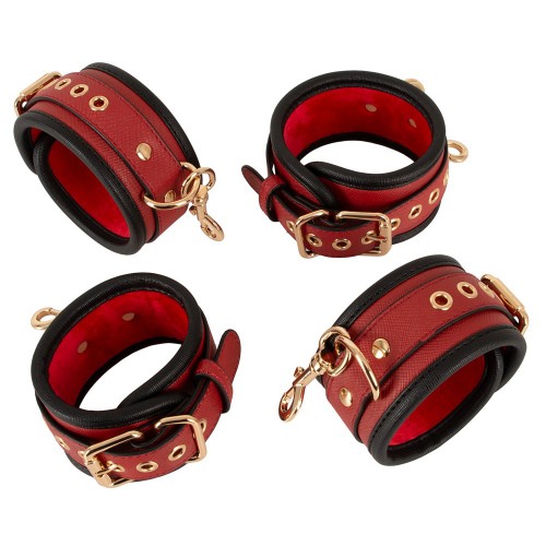 Bad Kitty Under the Bed Restraint Kit svart röd guld – X-format sängbondage med fyra vadderade bojor och ögonbindel