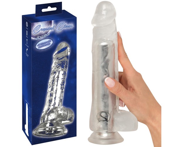 Crystal Clear Vibrator Dong transparent penisformad vibrator med sugpropp 10 vibrationslägen och naturtrogna detaljer