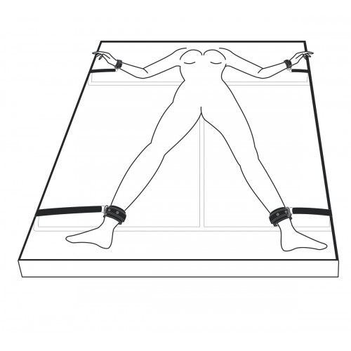 EasyToys Black Fetish Under The Mattress Restraint Set svart – sängbondage med justerbara remmar under madrassen och bojor för handleder och fotleder