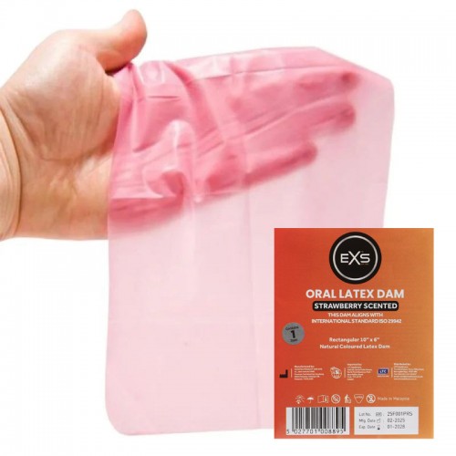 EXS Oral Dams slicklapp med jordgubbssmak – smaksatt engångs latexark för säkert och hygieniskt oralsex