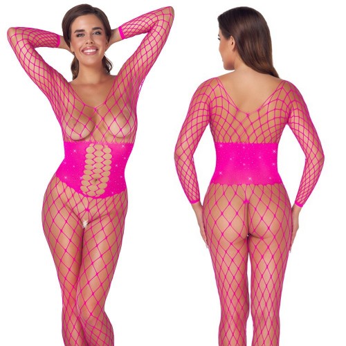 Fantasy by Cottelli Collection grenlös neonrosa catsuit i stormönstrat nät med strassdetaljer och midjekorsett