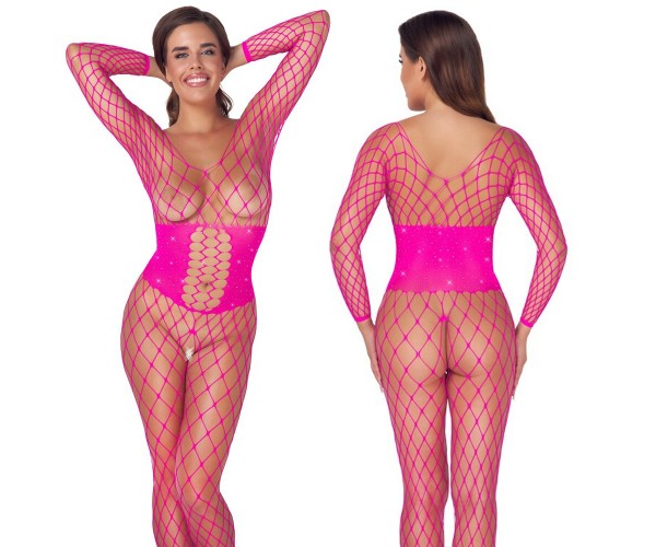 Fantasy by Cottelli Collection grenlös neonrosa catsuit i stormönstrat nät med strassdetaljer och midjekorsett