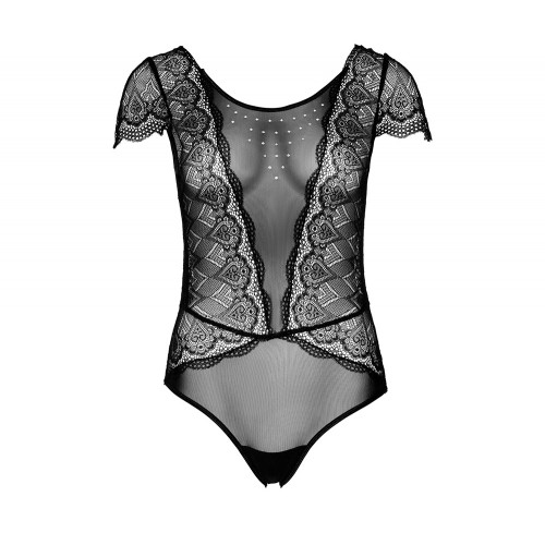 Heart Lace and Mesh Teddy svart LXL – teddy i hjartmonstrad spets och mesh med strassdetalj och cap sleeves