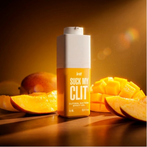 INTT Suck My Clit Tropical Mango klitorisgel 15 ml med sugeffekt, vibration och pulsering – vattenbaserad stimulerande gel med smak av tropisk mango