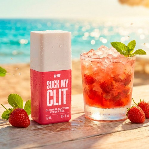 INTT Suck My Clit Wild Strawberry klitorisgel 15 ml med sugeffekt, vibration och pulsering – vattenbaserad stimulerande gel med smak av vild jordgubbe