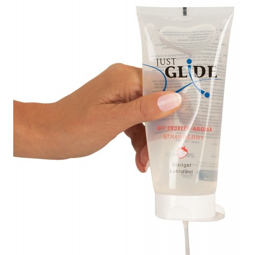 Just Glide Jordgubb vattenbaserat glidmedel 200 ml med jordgubbsdoft och jordgubbssmak – veganskt och latexsäkert glidmedel som passar sexleksaker