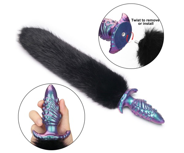 MystiTail anal plug med avtagbar svans 12 cm svart – butt plug med fluffig svart svans för roleplay och BDSM