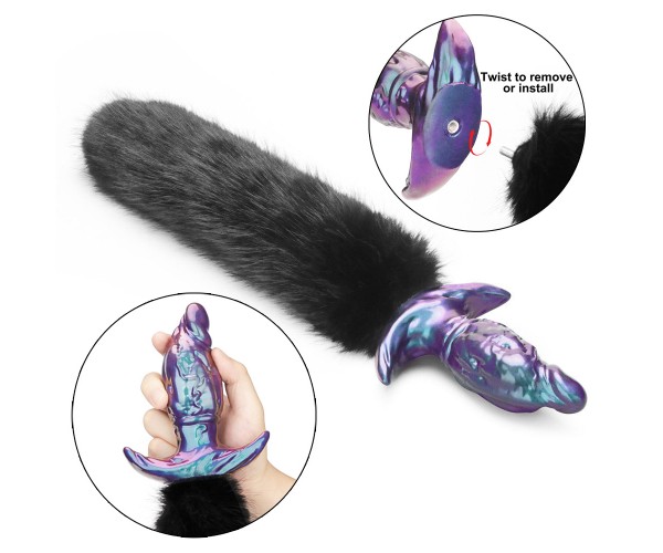 MystiTail anal plug med avtagbar svans 14 cm svart – butt plug med fluffig svart svans för roleplay och BDSM
