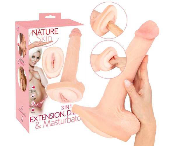Nature Skin 3-in-1 Extension Dildo och Masturbator i hudlik TPE – penisförlängare, dildo och masturbator i ett
