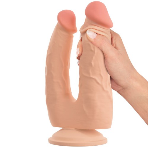 Nature Skin Bendable Double Penetrator With Movable Skin böjbar dubbelpenetrationsdildo med rörlig hud i dual density silikon
