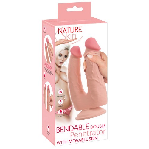 Nature Skin Bendable Double Penetrator With Movable Skin böjbar dubbelpenetrationsdildo med rörlig hud i dual density silikon