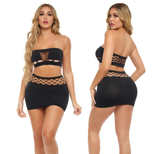 Net Worth 2 Pcs Bandeau Set Black – svart tvådelat muddset i nylon från Pink Lipstick Lingerie