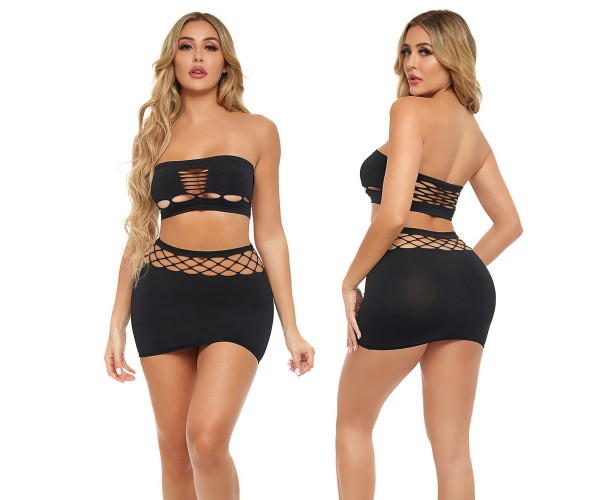 Net Worth 2 Pcs Bandeau Set Black – svart tvådelat muddset i nylon från Pink Lipstick Lingerie