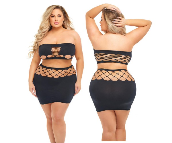 Net Worth 2 Pcs Bandeau Set Black Queen Size – svart tvådelat muddset i nylon från Pink Lipstick Lingerie