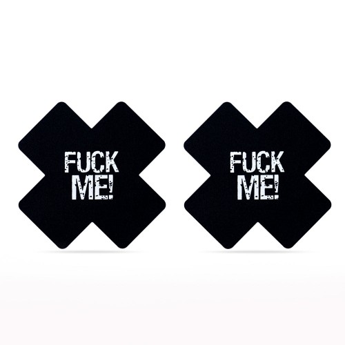 Nipple Stickers Fuck Me kryssformade självhäftande bröstdekorationer i svart och rosa – förförisk accessoar för festival, rave och het kväll