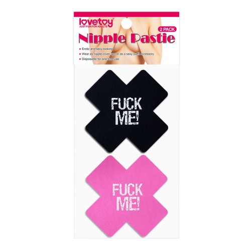 Nipple Stickers Fuck Me kryssformade självhäftande bröstdekorationer i svart och rosa – förförisk accessoar för festival, rave och het kväll