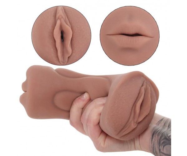 NS Novelties Anita Pussy & Mouth Stroker mörk hudton – dubbelsidig lösfitta och munstroker i realistisk TPE