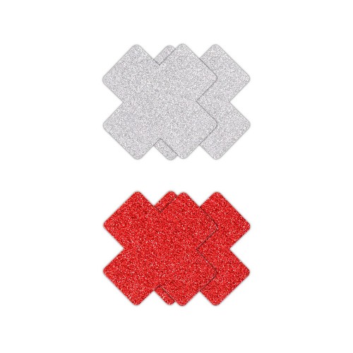 NS Novelties Nipple Stickers Glitter Cross röd och silver 4-pack glittriga korsformade bröstvårtsstickers – perfekta för rave, festival och förföriska looks