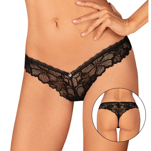 Obsessive Serafia Thong Black XL – svart stringtrosa med blommonstrad spets och dekorativt smycke