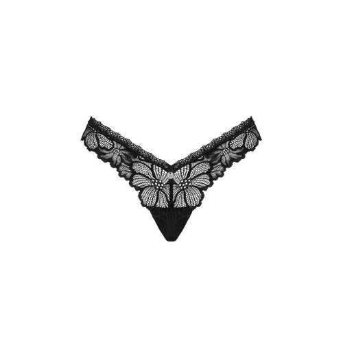 Obsessive Serafia Thong Black XL – svart stringtrosa med blommonstrad spets och dekorativt smycke