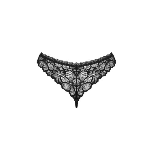 Obsessive Serafia Thong Black XL – svart stringtrosa med blommonstrad spets och dekorativt smycke