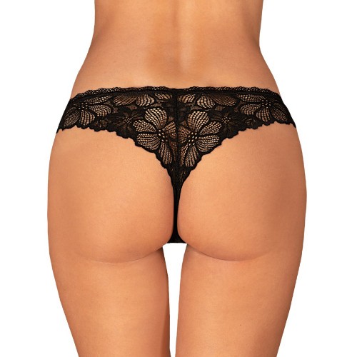 Obsessive Serafia Thong Black XL – svart stringtrosa med blommonstrad spets och dekorativt smycke