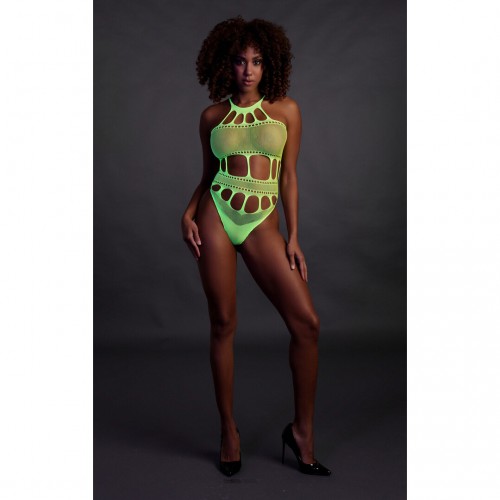 Body with Grecian Neckline neongrön onesize – sexig highcut body som lyser under UV-ljus och blacklight för rave och festival