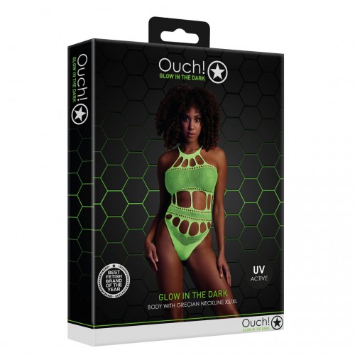Body with Grecian Neckline neongrön onesize – sexig highcut body som lyser under UV-ljus och blacklight för rave och festival