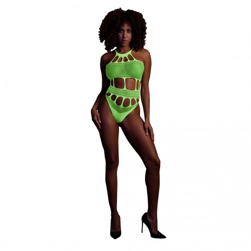 Body with Grecian Neckline neongrön onesize – sexig highcut body som lyser under UV-ljus och blacklight för rave och festival