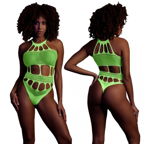 Body with Grecian Neckline neongrön onesize – sexig highcut body som lyser under UV-ljus och blacklight för rave och festival