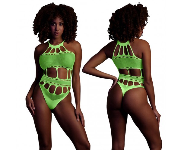 Body with Grecian Neckline neongrön onesize – sexig highcut body som lyser under UV-ljus och blacklight för rave och festival