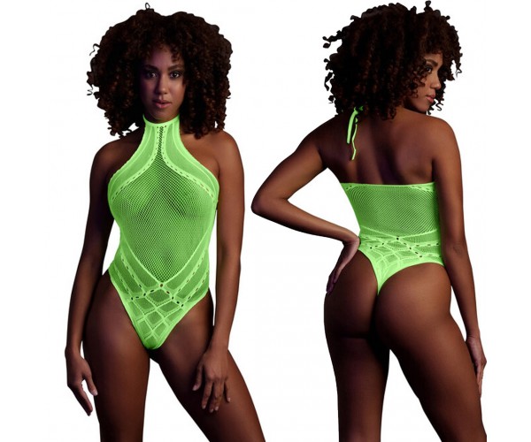 Body With Halter Neck Neongrön onesize – sexig highcut body som lyser under UV-ljus och blacklight för rave och festival