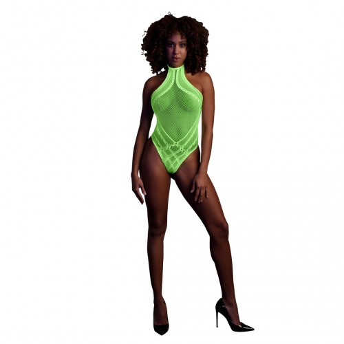 Body With Halter Neck Neongrön onesize – sexig highcut body som lyser under UV-ljus och blacklight för rave och festival